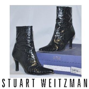 Stuart Weitzman RUNWAY POLISHED CROC Leather Booties Ankle Boots